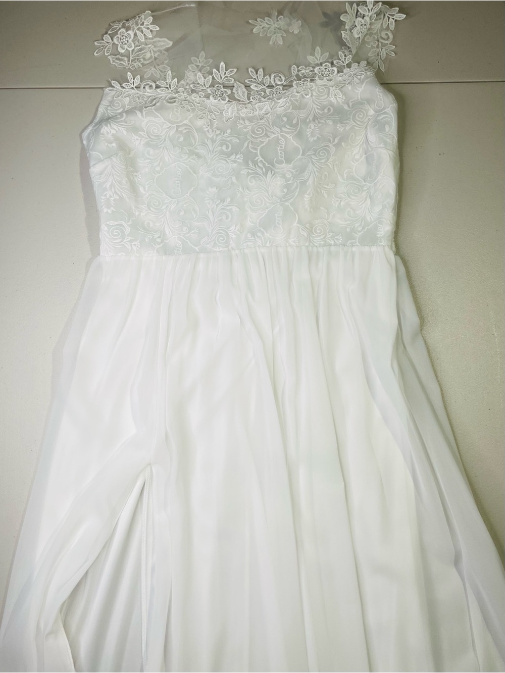 Source Unknown XL White Maxi Chiffon Dress with Floral Lace Bodice Wedding EC - Picture 7 of 8